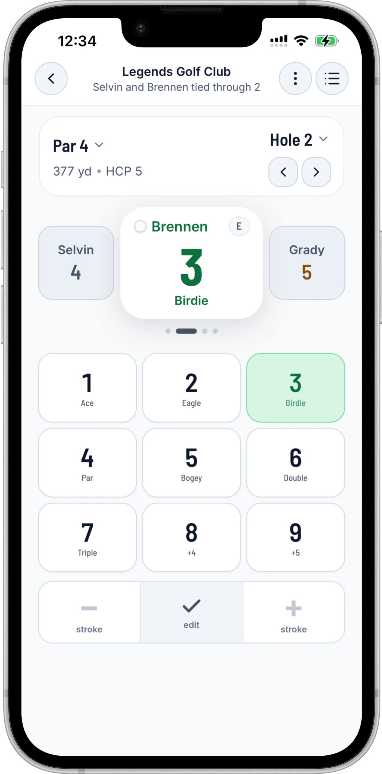 Parchaser simple scoring screen for a Legends Golf Club round