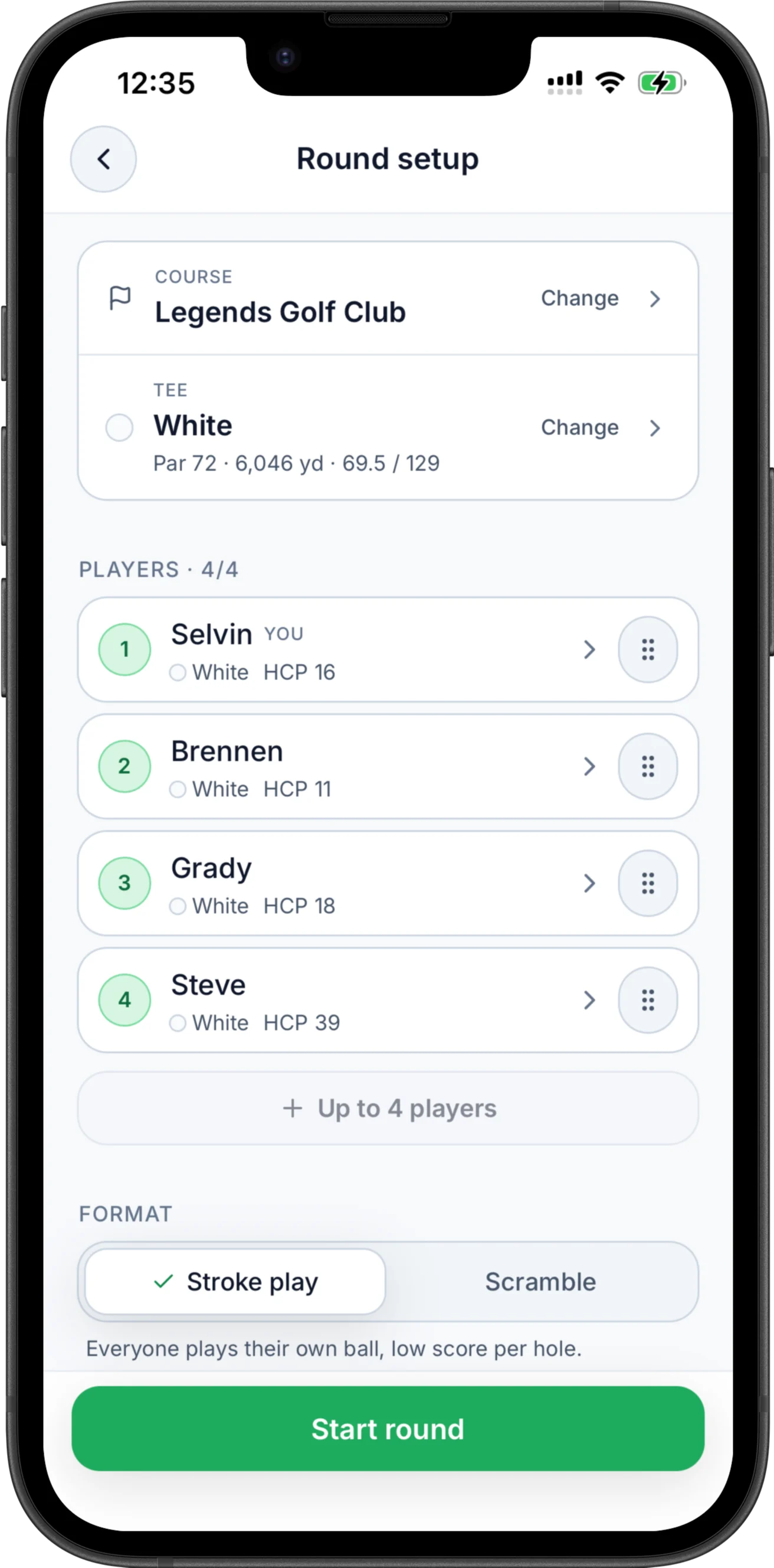 Parchaser round setup screen for Legends Golf Club.